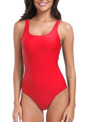 Image of Deriwone One Piece Swimsuit Tummy Control Swimming Costume Retro Swimwear Padded Bathing Suits Red,S