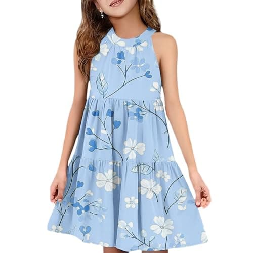 Image of Girls Sleeveless Halter Neck Blue Botanical Floral Tiered Dress Communion Dress for Girls Flower Girl Kids Birthday Princess Costumes Frocks Kids Party Gingham School Uniform Teen Clothes