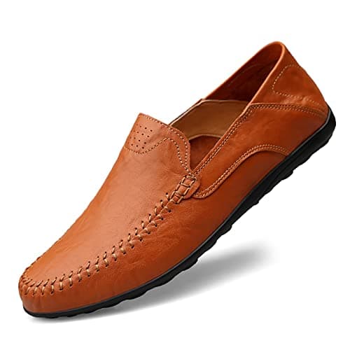 Image of Men's Loafers Flat Breathable Casual Leather Moccasins Handmade Slip On Driving Business Shoes Red Brown Size 9.5