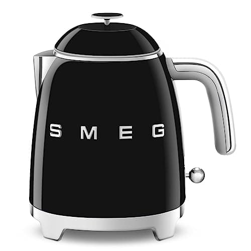 Image of Smeg KLF05BLUK 50's Retro Style mini Kettle, 0.8 L Capacity with Water Level Indicator, 360 Swivel Base, Anti-Slip Feet, Stainless Steel, Black,2 Years Warranty
