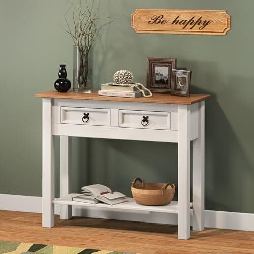 Image of Corona White 2 Drawer Console Table Solid Wood Pine Wooden Painted Hallway Stand Telephone Lamp Side Unit Kitchen Living Room Sideboard Shabby Chic Mexican Style 73cm High 88cm Wide 32cm Deep