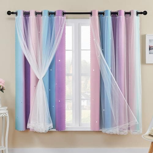 Image of XiDi Kids Curtains for Bedroom Girls Rainbow Blackout Pink Curtains Purple Princess Room Decor 52 Inch Wide 2 Panels