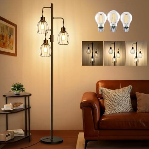 Image of AmazeFan Floor Lamps for Living Room, 68" Dimmable Floor Lamp, 3 x 800LM LED Bulbs Included, Industrial Floor Lamp Standing Tree Lamp with Elegant Teardrop Cage Tall Lamps for Living Room Bedroom