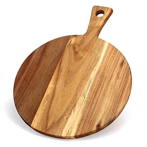 Image of Acacia Wood Chopping Boards for Kitchen Wooden Cutting Board with Handle Round Charcuterie Cheese Boards Large Bamboo Chopping Board Pizza Meat Bread Serving Board Butcher Block Grazing Carving Board