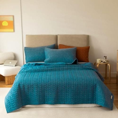 Image of Lunoroey Bedspread King Size Teal Blue Soft Microfiber Lightweight Quilted Bedspreads Coverlet All Season Bedding Set (1 Quilt, 2 Pillow Shams)