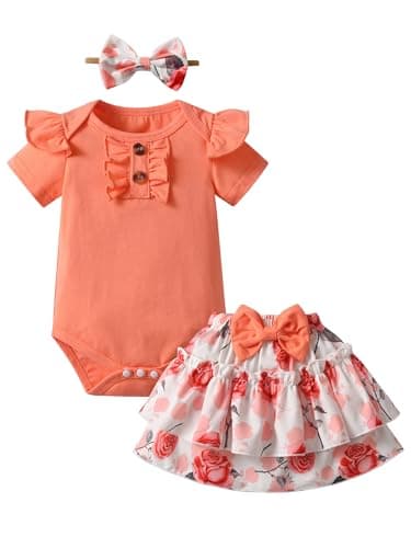 Image of Kumsolu Baby Girls Cotton Rompers Newborn Summer Ruffle Short Sleeve Skirt Set Pink （3-6 Months）