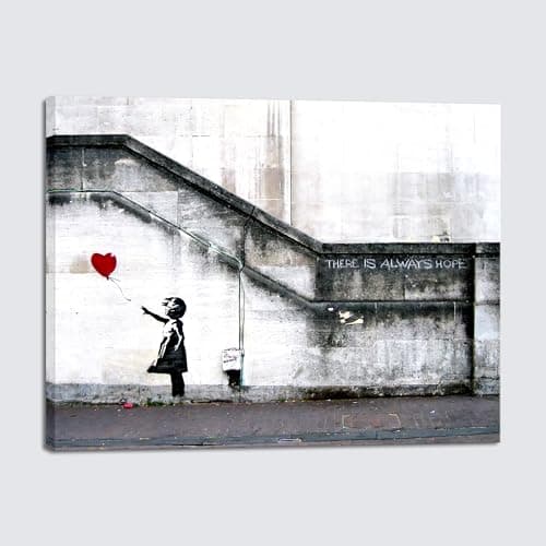 Image of Wieco Art Canvas Prints Wall Art of Banksy Grafitti Girl with Red Balloon Grey Love Pictures Paintings for Living Room Bedroom Home Decorations Modern Stretched and Framed Giclee Artwork
