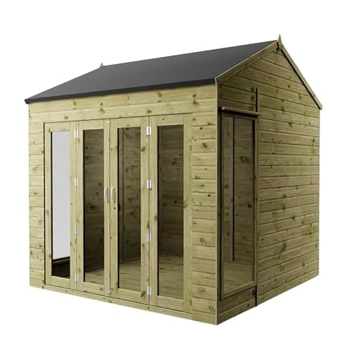 Image of WALTONS 8 x 8 Vermont Summerhouse | Reverse Apex Roof | Shiplap Tongue and Groove | Wooden Garden Room Summerhouse | 4 Bifolding Doors | 10 Year Anti Rot Guarantee | 8 x 8 8ft 8ft