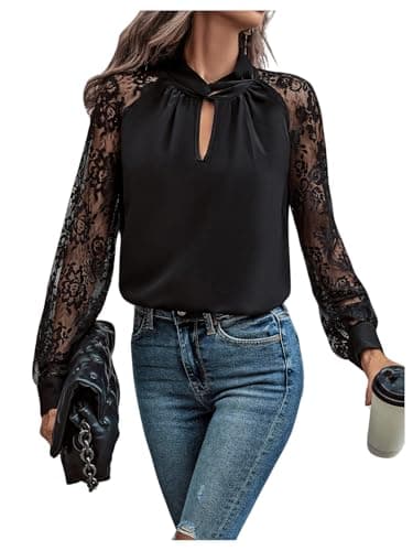 Image of GORGLITTER Women's Keyhole Neck Twist Knot Elegant Blouses Lace Sheer Long Sleeve Ruched Shirts Going Out Tops Black X-Large