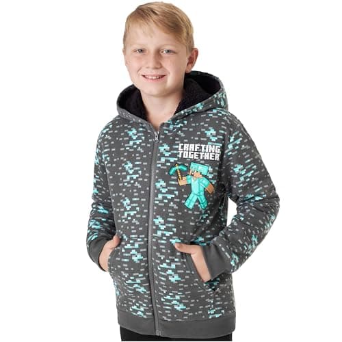 Image of Minecraft Hoodies for Boys & Teens 7-14 Years, Sherpa Fleece Lined Hooded Jacket, Creeper & Steve Sweatshirt, Gamer Gifts (13-14 Years, Grey)