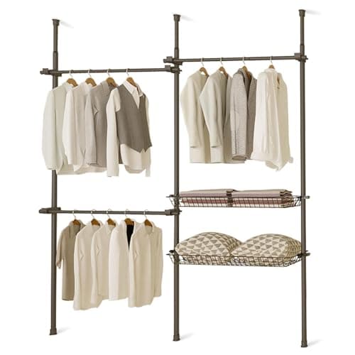 Image of House of Home Telescopic 2-Tier Clothes Rail – Adjustable Floor to Ceiling Wardrobe Organiser (110–310cm Height, 150–240cm Width) No Tools Assembly, 80kg Capacity, Heavy-Duty Metal Hanging Rack