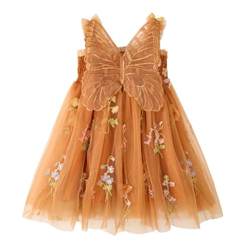Image of Miipat Baby Girl Dress Tulle Butterfly Toddler Girls Dresses Summer Sleeveless Embroidery Floral Princess Dress for Birthday Wedding Party Orange 130 5-6 Years