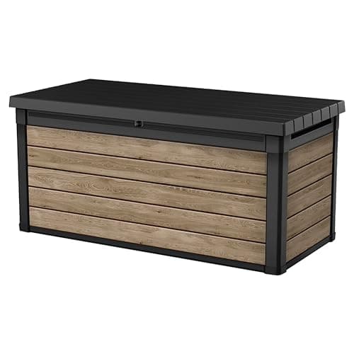 Image of Keter Signature 570L Outdoor Storage Box – Ashwood Brown | Lockable Weatherproof Garden Deck Box & Bench | Wood-Effect Finish | Hydraulic Lid | Seats 2 Adults | Durable Resin Construction