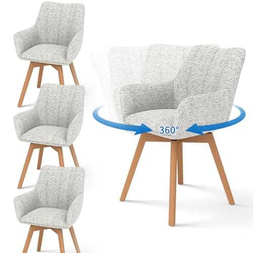 Image of LONGTOO 360° Swivel Dining Chairs with Armrests Set of 4, Linen Fabric Dining Chair with Beech Legs, Upholstered Chair for Dining Room, Kitchen, Living Room, Bedroom, Hotel, Conference Room, Beige