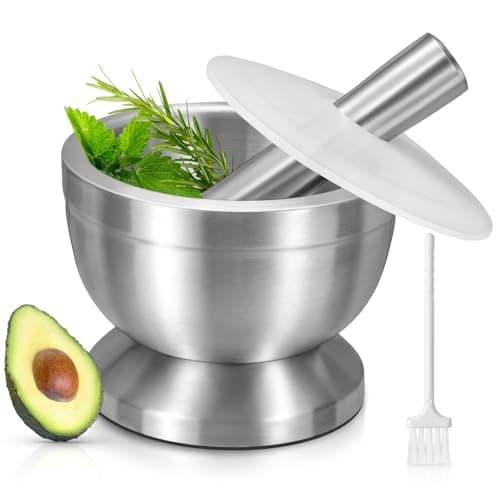 Image of Pestle and Mortar Set, Sopito Stainless Steel Mortar Bowl and Pestle with Lid and Anti Slip Base for Herbs, Garlic, Ginger & Spices, 10cm(3.9") Diameter