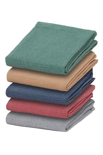 Image of Olivia Rocco Tea Towel Pack of 5 Waffle Kitchen Tea Towels Cotton Absorbent Long Lasting Catering Bar Dish Towel, Assorted