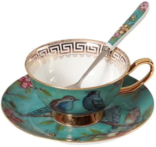 Image of Eplze YBK Tech Euro Style Cup& Saucer Set, Bone China Teacup Coffee Cup for Breakfast Home Kitchen- Birds and Trees Patterns (Blue)