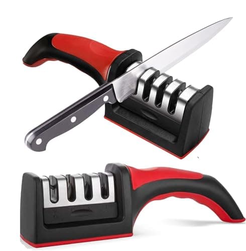 Image of Knife Sharpeners for Kitchen Knives– Stainless Steel 4 in1 Kitchen Knife Sharpener – Ergonomic and Easy to Use Knife Sharpening Kit with 4 Stage Sharpening Slots Black