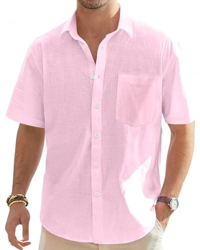 Image of J.VER Mens Short Sleeve Linen Shirts Summer Beach Casual Regular Fit Lightweight Cotton Button Down Shirt for Men with Pocket Pink 3XL