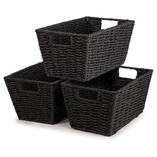Image of woodluv Storage Basket for Shelves, Woven Wicker Paper rope storage boxes, Baskets for Organizing, Gift Hamper Basket, Decorative Baskets, Black - L30.5 x W18.5 x 14.5 (H)