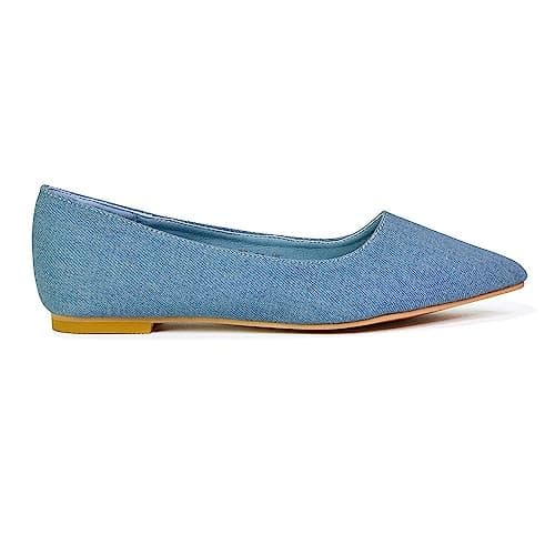 Image of ESSEX GLAM Womens Slip On Pumps Ladies Flat Pointed Toe Casual Work Ballet Shoes 3-8 Denim
