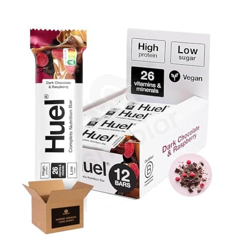 Image of Huel Complete Nutrition Bar High Protein Plant Based Healthy Snack, Keto Bar, Low Sugar, High Fibre, Vegan Dark Chocolate Bar Flavours, Under 200 Calories | (Dark Chocolate Raspberry 55g - Pack 12)