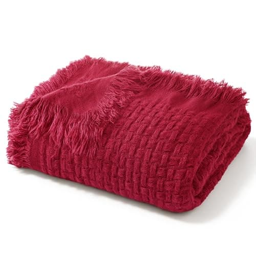 Image of Exclusivo Mezcla Knit Throw Blanket with Fringes for Sofa, Reversible Super Soft and Breathable Woven Boho Throw for Summer, Home Decor, 127x152 CM, Red