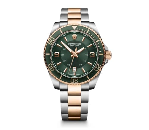 Image of Victorinox Men’s Watch Maverick Quartz Ø 43 mm, Swiss Made, Analogue Quartz, Water-Resistant up to 100 m, Stainless Steel Strap, Green/Silver/Rosé Gold