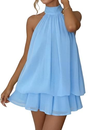 Image of Maeau Women's Halter Neck Chiffon Mini Dress Sleeveless Backless Puffball Dresses Summer Vacation Y2k Party Sundress Blue S