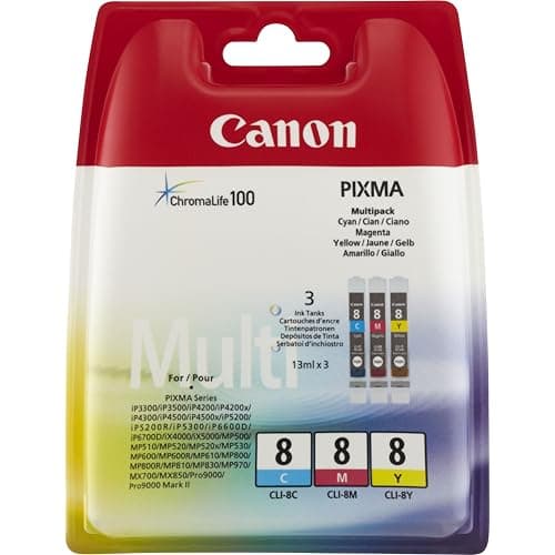 Image of Canon CLI-8 - 0621B029 - 1 x Yellow,1 x Cyan,1 x Magenta - Multipack - Ink tank - For PIXMA iP6600D,iP6700D,Pro9000,Pro9000 Mark II
