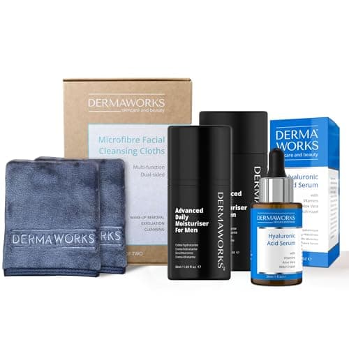 Image of Men’s Skincare Gift Set: Expert Face Cream Moisturiser 50ml + Exfoliating Flannel Face Cloths + Hydrating Hyaluronic Acid Serum with Vitamin C & E 30ml – Anti aging Wrinkle by DERMAWORKS Skincare UK
