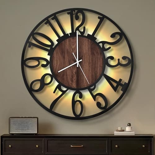 Image of Maxstar 60CM Large Wall Clock for Living Room, Battery Operated,Silent,Non Ticking,Wood Style,Modern Led Wall Clock for Bedroom,Garage,Office,Dining Room, Kitchen Decor(Arabic numeral,Black-24)
