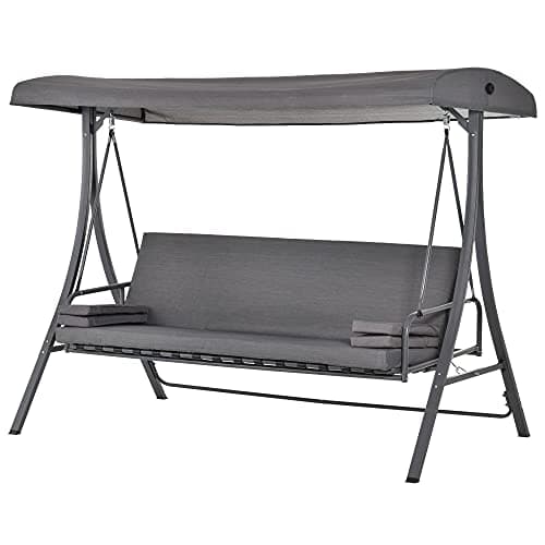Image of Outsunny Outdoor 2-in-1 Swing Chair & Garden Swing Seat Bed 3 Seater Garden Bench Lounger Hammock Bed Adjustable Canopy W/Cushion, Pillow, Grey