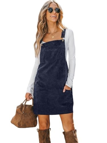 Image of CUPSHE Women's Casual Mini Dress Square Neck Corduroy Solid Pocket Front Wide Straps Short Overall Dresses Navy