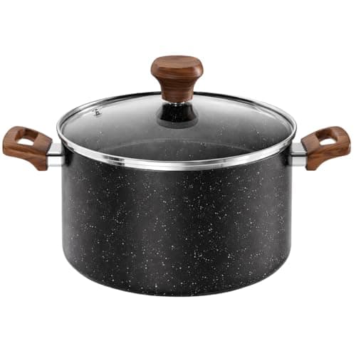 Image of 24cm Induction Base Nonstick Stock Pot with Glass Lid - 5.2QT/5L Pasta Soup Stew Pot, Casserole Cooking Pan Gas Electric All Hobs Compatible Black Marble Effect