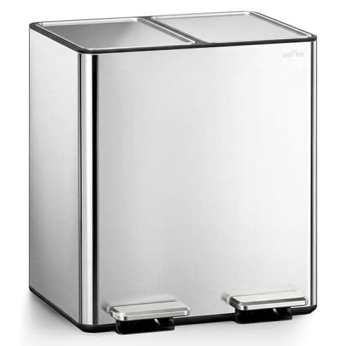 Image of mVm Kitchen Bin,30L Dual Rubbish Bin,2 x 15L Stainless Steel Pedal Bin,Double Recycling Bin with Soft-Close Lids and Plastic Inner Buckets,Fingerprint Proof,Odour Seal,Large Capacity Trash Can