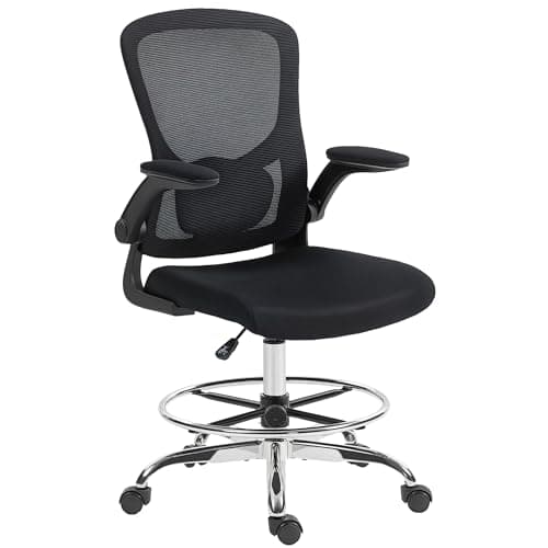Image of HOMCOM Draughtsman Chairs with 4D Lumbar Support, Ergonomic Tall Mesh Office Chair with Adjustable Footrest and Flip-up Armrests, 360° Swivel Task Stool for Standing Desk, Home Office, Black