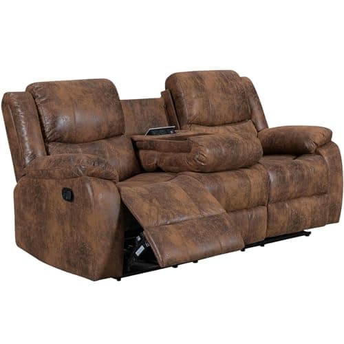 Image of Tan Brown Faux Leather 3 Seater Recliner Sofa for Living Room - Relaxing Lazy Boy Recliner with Drop-Down Table, Cup Holders , Sockets & USB Ports, Easy Manual Lever Living Room Lazy Boy Couch