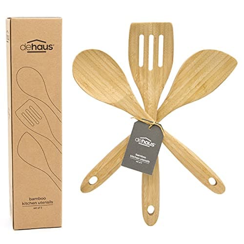 Image of Dehaus® Premium Bamboo Kitchen Utensils - Set of 3 - Luxury Wooden Spoon, Spatula & Fish Slice - Slotted Turner Utensil Accessories - Wood Cooking Tools for Non Stick Pan or Wok - Mini Starter Sets