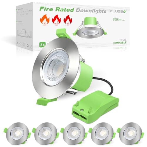 Image of ALUSSO Fire Rated LED Downlights 6W 600lm, 3CCT Colors Warm Cool White Daylight Selectable Recessed Ceiling Lights Dimmable, Spotlights IP65 for Bathroom Kitchen Living Room, Brushed Nickel 6 Pack