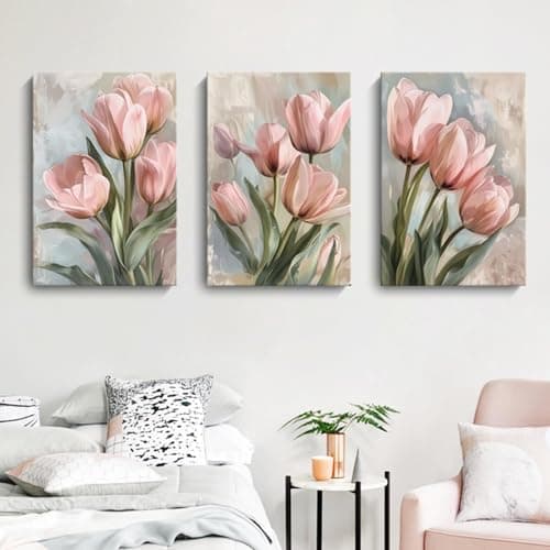 Image of JORCEDI Set of 3 Posters,Vintage Pink Tulips Flowers Canvas Wall Art,Floral Pictures Modern Paintings,for Living Room Bedroom Bathroom Hallway Home Wall Decoration,Unframed (30x40cm)