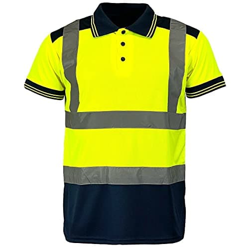 Image of MyShoeStore Hi Viz Vis High Visibility Polo Shirt Reflective Tape Safety Security Work Button T-Shirt Breathable Lightweight Double Tape Workwear Top (Yellow/Navy Short Sleeve, L)