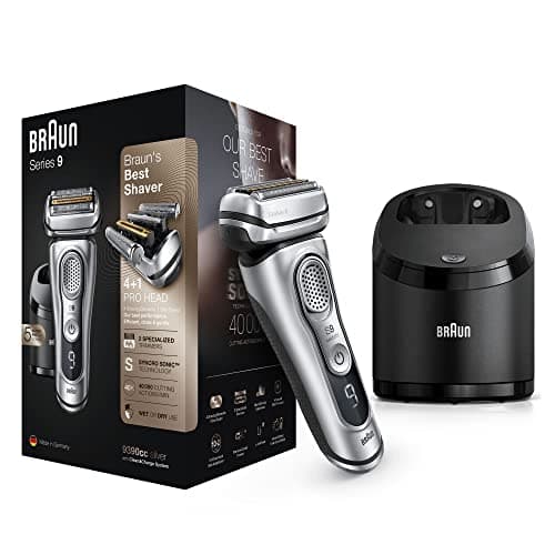 Image of Braun Series 9 Electric Shaver, With Clean & Charge Station & Leather Case, Flawless Shave, 100% Waterproof, Gifts for Men, 2 Pin Bathroom Plug, 9390cc, Silver