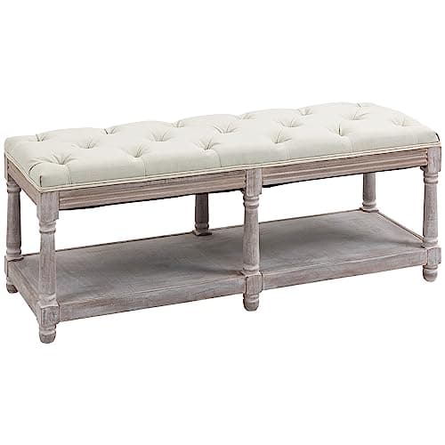 Image of HOMCOM 2-Tier Bed End Bench, Vintage Stool, Wooden Window Seat with Storage Shelf, Button Tufted Upholstered Footstool for Living Room, Bedroom, Entryway, Cream White