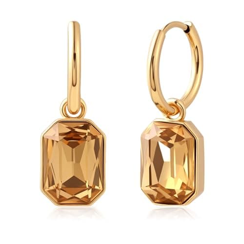 Image of Aliyoham Citrine Geometric Hoop Earrings for Women | 14K Gold Plated Hypoallergenic Dangle Jewelry with Faceted Gemstones, Elegant Statement Gift