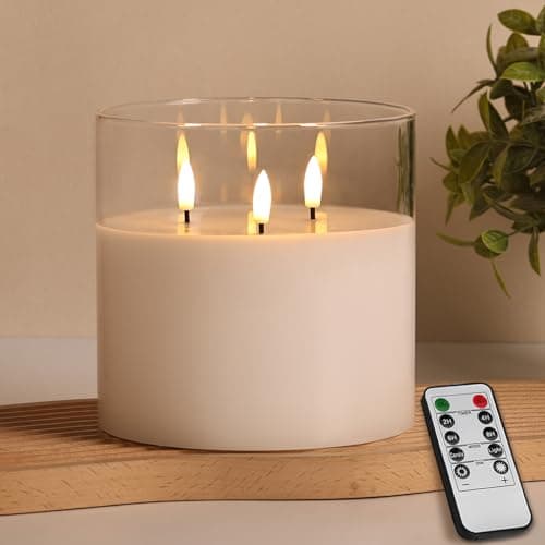 Image of Eywamage 3 Wick Clear Glass Flameless Pillar Candle with Remote Timer, 6x6 Flickering LED Wax Battery Candle