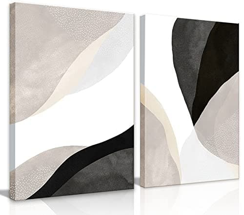 Image of Modern Boho Canvas Wall Art Set of 2 - Minimalist Abstract Beige Black and White Neutral Textured Wall Art for Living Room, Dining Room, Office, Bathroom, Bedroom - Framed 16x24 in