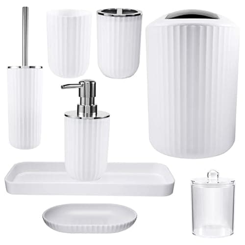Image of Nvanvmm 8 Pieces Bathroom Accessories Set White- Bathroom Bin,Toilet Bowl Brush,Hand Soap Dispenser, Mouthwash Cup, Toothbrush Holder, Toothpick Holder, Soap Dish, Holder Tray - Bathroom Accessory