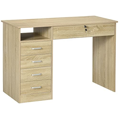 Image of HOMCOM Computer Desk, Home Office Desk with Lockable Drawer, Storage Shelf for Study Bedroom, 110 x 50 x 76 cm, Oak
