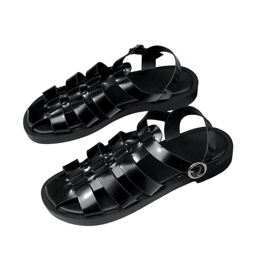 Image of LUNATECH Summer Gladiator Sandals For Women Fisherman Ladies Sandals Closed Toe Sandals Flats Women's Black Sandals With Buckle (BLACK, Adult, Women, 4, Numeric, UK Footwear Size System, Medium)